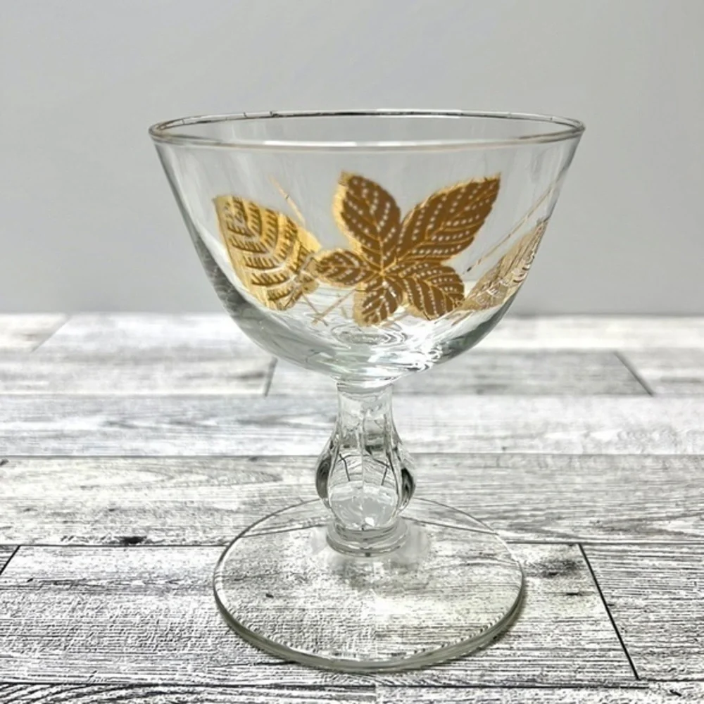 Libbey Mid Century Gold Leaf Stemmed Champagne Glasses Set of 4